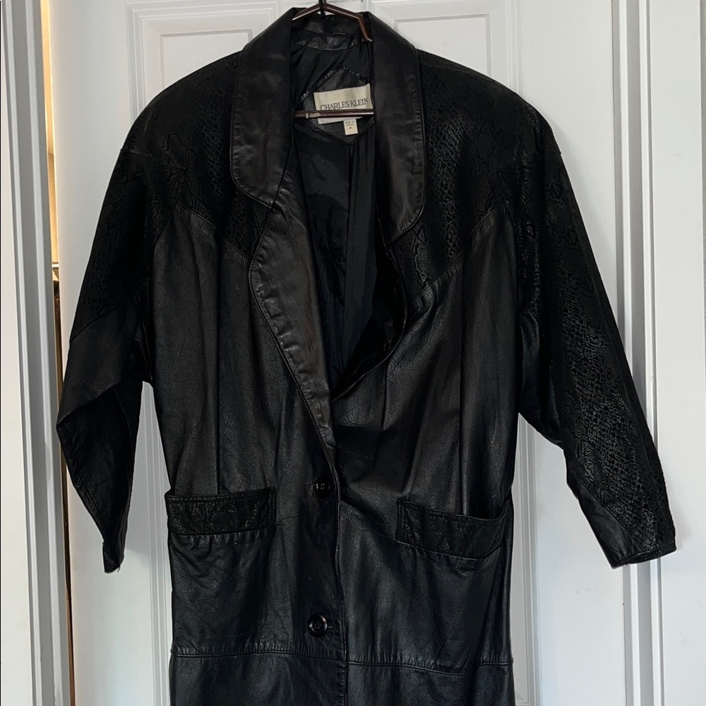 Elegant Genuine Black Leather snake skin design long trench coat Medium